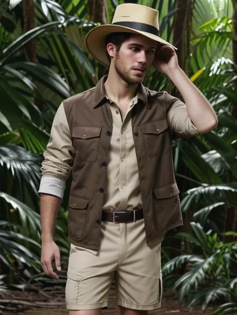 best quality, masterpiece, highres, detailed, perfect anatomy,  <lora:Detail - add_detail:0.2>,  brown jacket, white dress shirt, brown shorts, brown hat, JungleExpCh, jungle, <lyco:Change - JungleExp:0.8>, 1boy,  realistic, cosplay, blush, dirt, birds,