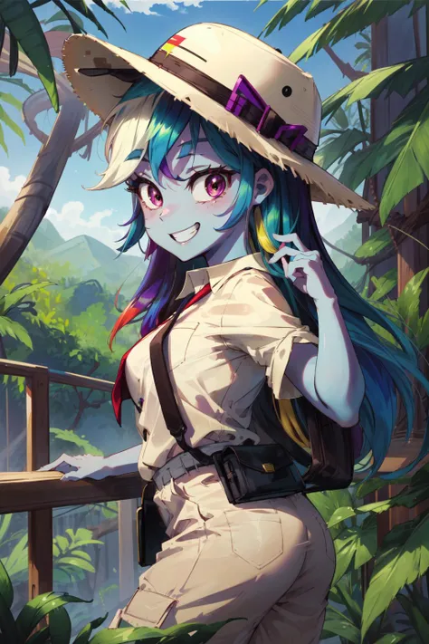 masterpiece,best quality,1girl,mlpdash,colored skin,blue skin,rainbow hair,purple eyes,grin,looking to the side,JungleExpCh,white dress shirt,brown shorts,brown pants,brown hat,jungle,<lora:JungleExp:0.7>,<lora:mlp_rainbowdash:0.9>,