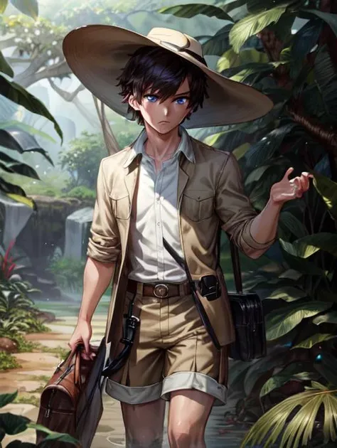 best quality, masterpiece, highres, detailed, perfect anatomy,  <lora:Detail - add_detail:0.2>,  brown jacket, white dress shirt, brown shorts, brown hat, JungleExpCh, jungle, <lyco:Change - JungleExp:0.8>, 1boy, short hair, JaceMind, blue eyes, brown hair, glowing eyes,  <lora:Character - JaceM:0.7>