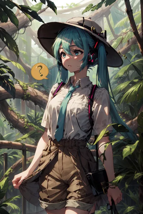 masterpiece,best quality,1girl,hatsune miku,confused,looking to the side,(spoken question mark),JungleExpCh,white dress shirt,brown shorts,brown pants,brown hat,jungle,<lora:JungleExp:0.8>,