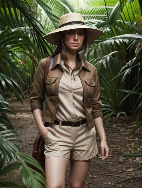 best quality, masterpiece, highres, detailed, perfect anatomy,  <lora:Detail - add_detail:0.2>,  brown jacket, white dress shirt, brown shorts, brown hat, JungleExpCh, jungle, <lyco:Change - JungleExp:0.8>, 1girl,  realistic, cosplay, blush, dirt, birds,