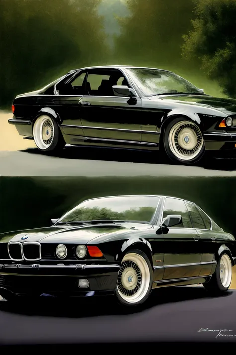 ((1CAR)),front, (((sedan))),(black), realistic photo of a car, by Jeremy Lipking, by William Bouguereau, (by Alphonse Mucha:0.5), sabudenego, jeremy lipking, masterpiece, <lora:BMW7E32:0.8> BMW7E32