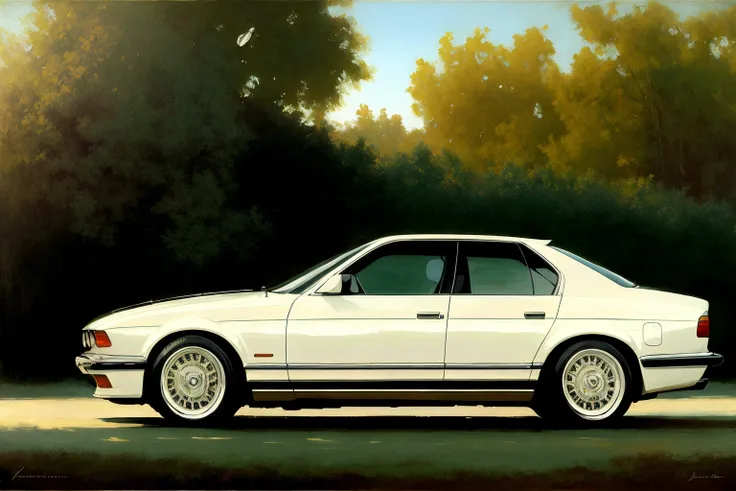 (4 doors), (sedan),(white),  realistic photo of a  car, by Jeremy Lipking, by William Bouguereau, (by Alphonse Mucha:0.5), sabudenego, jeremy lipking, masterpiece,  ((1CAR)) <lora:BMW7E32:0.8> BMW7E32