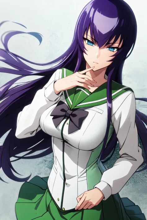 (masterpiece), (best quality), (beautiful eyes and face), (perfect female body), (shiny skin),
<lora:HOTD_v0.4:1>
looking at viewer, cowboy shot,
1girl, solo, busujima saeko, purple hair, long hair, bangs, aqua eyes,
large breasts,
school uniform, white shirt, long sleeves, long skirt, green skirt,
expressionless,
standing,
school,