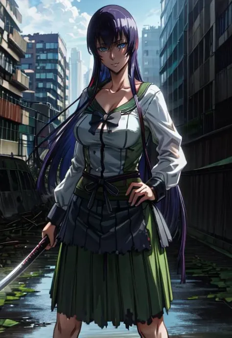 ((Best quality)),((highly detailed)),masterpiece,detailed face,beautiful face,(detailed eyes, deep eyes),amazing beautiful face,happy face,grin, blue eyes,collarbone,long legs, long hair, <lora:HOTD_v0.4:0.9>,busujima saeko, mature female, looking at viewer,(she stands in a fighting stance:1.1),holding katana,she holds a katana in his left hand,school uniform, green skirt, pleated skirt,<lora:more_details:0.6>,(vivid,colorful:1.1), <lora:ApocalypseEngine:0.7>,finely detailed, detailed illustration,post-apoc,(((ruined_cityscape, postapoc_scenery))),<lora:hews_V73:0.8> ,