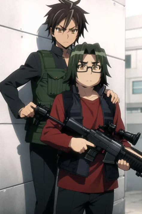 <lora:HOTD_v0.4:1>
2boys, komuro takashi, hirano kouta, assault rifle,, masterpiece, best quality, highly detailed