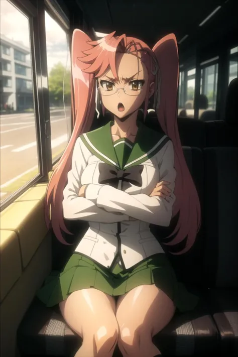 <lora:HOTD_v0.4:1>
takagi saya, twintails,
school uniform, green skirt,
bus interior, sitting, crossed arms, :o, glasses,, masterpiece, best quality, highly detailed