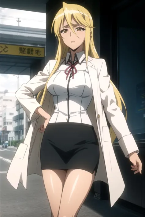 <lora:HOTD_v0.4:1>
marikawa shizuka,
white shirt, pencil skirt, red ribbon, long skirt, labcoat, black skirt,, masterpiece, best quality, highly detailed