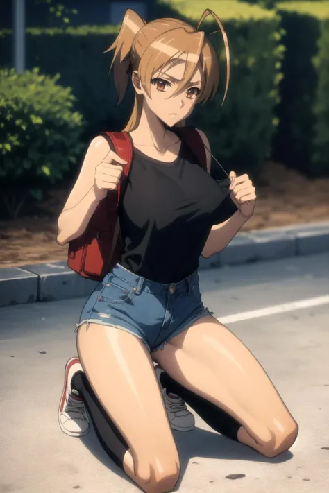 <lora:denim_shorts_v0.2:1>
1girl, high-waist shorts, black t-shirt, long shirt, 
<lora:HOTD_v0.4:1> miyamoto rei, kneeling, kneehighs, white sneakers, backpack,, masterpiece, best quality, highly detailed