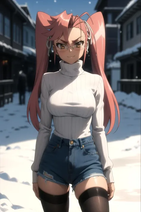 <lora:denim_shorts_v0.2:1>
1girl, high-waist shorts, turtleneck, 
<lora:HOTD_v0.4:1> takagi saya, twintails, glasses, pantyhose, winter, snow, smile,, masterpiece, best quality, highly detailed