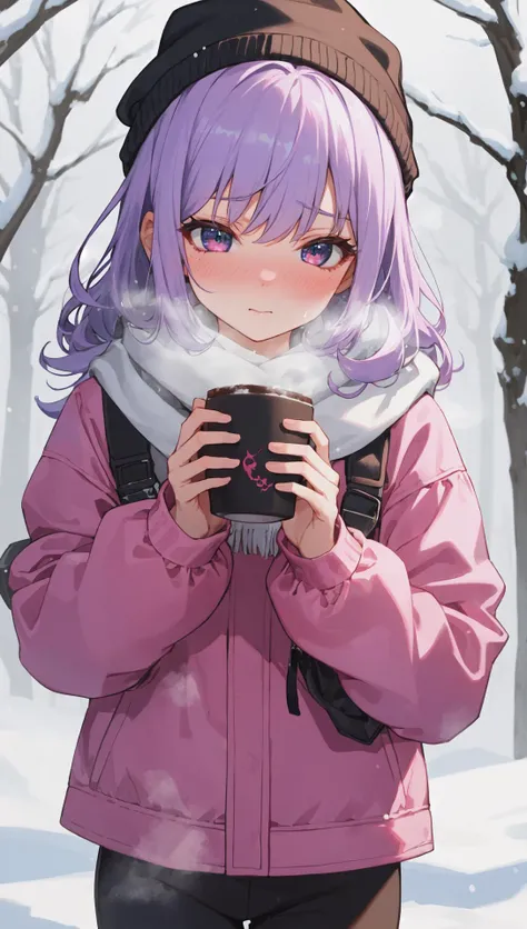 best quality, masterpiece, highres, cute, 1girl, long hair light purple hair, curly hair, cute, eyelashes, [blue hair:7]
BREAK
pink jacket, black pants, white beanie, white scarf, cold, breath, nose blush, outdoors, snow, holding steaming hot cocoa, snowing, nature, snow covered tree