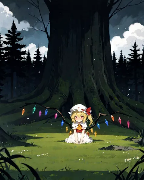 sle,best quality,masterpiece,flandre scarlet,side pony tail,(full-face blush:1.2),sitting,full body,white mob cap,outdoors,tree,grass,hands on own cheeks,red eyes,scenery,embarrassed,looking at viewer,(from above:0.6),sunny,hills,clouds,
BREAK
(dark theme, limited palette),horror \(theme\),
BREAK
<lora:ke-ta-01-CounterfeitV25_25:0.65>,<lora:VECTORV1-TRIM:0.55>,<lora:epiNoiseoffset_v2-pynoise:1>,