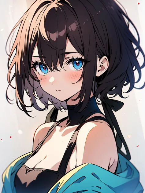white background、Solid white background、There is a margin、Empty background、 (high quality, Breathtaking),(delicate eyes, perfect face)Upper body shot, solo, Illuminated from the front、lower your arms in front of you、Empty-handed、one girl, open your mouth without showing your teeth、girl smiling from the front、Smile with mouth wide open、odd eye, Heterochromia - left eye is brown、The right eye is light blue.open your mouth wide、Era: late 20s, brown hair, , Shoulder-length medium hair, Soft wavy hair, Loose hair, side bangs, Black ruffled swimsuit、Off-the-shoulder hoodies