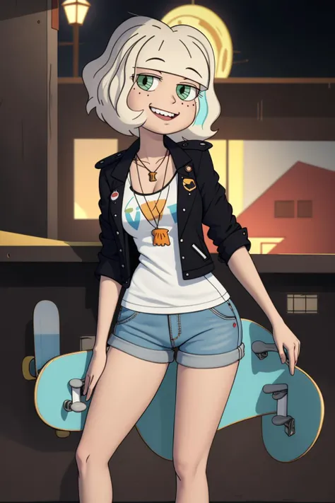 Sarah Hyland,  fishnet dress, oversized denim jacket, and platform sneakers , A land with many riches and treasures
( owler style  cartoon art),
