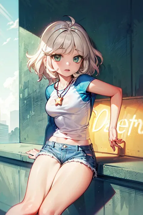 (jackie lynn thomas:1), star vs. the forces of evil, (casual outfit:1), (blonde short hair), (blue-green highlight in hair), shell necklace, (baseball t-shirt white tanktop green sleeves:1), (white striped knee socks:1), (blue jean shorts), (bobed hair), (blue-green eyes), ((green eyes)), cartoony facial features, large round eyes, blonde hair, (shorts:1.2), (realistic:1.2), (masterpiece:1.2), (full-body-shot:1),(Cowboy-shot:1.2), light particles, skate park background, neon lighting, dark romantic lighting, (highly detailed:1.2),(detailed face:1.2), (gradients), colorful, detailed eyes, (detailed landscape:1.2), (natural lighting:1.2),(detailed background),detailed landscape, (dynamic pose:1.2), wide shot, solo, <lora:JackieLynnThomas_v2:0.7> <lora:add_detail:0.3> <lora:hipoly3DModelLora_v10:0.05> <lora:RSERomantic_RSESofiko_RSEEmma-v1:0.1>