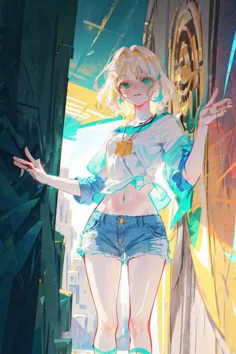 (jackie lynn thomas:1), star vs. the forces of evil, (casual outfit:1), (blonde short hair), (blue-green highlight in hair), shell necklace, (baseball t-shirt white tanktop green sleeves:1), (white striped knee socks:1), (blue jean shorts), (bobed hair), (blue-green eyes), ((green eyes)), cartoony facial features, large round eyes, blonde hair, (shorts:1.2), (realistic:1.2), (masterpiece:1.2), (full-body-shot:1),(Cowboy-shot:1.2), light particles, skate park background, neon lighting, dark romantic lighting, (highly detailed:1.2),(detailed face:1.2), (gradients), colorful, detailed eyes, (detailed landscape:1.2), (natural lighting:1.2),(detailed background),detailed landscape, (dynamic pose:1.2), wide shot, solo, <lora:JackieLynnThomas_v2:0.7> <lora:add_detail:0.3> <lora:hipoly3DModelLora_v10:0.05> <lora:RSERomantic_RSESofiko_RSEEmma-v1:0.1>