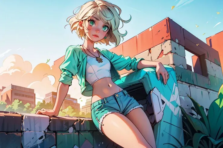 (jackie lynn thomas:1), star vs. the forces of evil, (casual outfit:1), (blonde short hair), (blue-green highlight in hair), shell necklace, (baseball t-shirt white tanktop green sleeves:1), (white striped knee socks:1), (blue jean shorts), (bobed hair), (blue-green eyes), ((green eyes)), cartoony facial features, large round eyes, blonde hair, (shorts:1.2), (realistic:1.2), (masterpiece:1.2), (full-body-shot:1),(Cowboy-shot:1.2), light particles, skate park background, neon lighting, dark romantic lighting, (highly detailed:1.2),(detailed face:1.2), (gradients), colorful, detailed eyes, (detailed landscape:1.2), (natural lighting:1.2),(detailed background),detailed landscape, (dynamic pose:1.2), wide shot, solo, <lora:JackieLynnThomas_v2:0.7> <lora:add_detail:0.3> <lora:hipoly3DModelLora_v10:0.05> <lora:RSERomantic_RSESofiko_RSEEmma-v1:0.1>