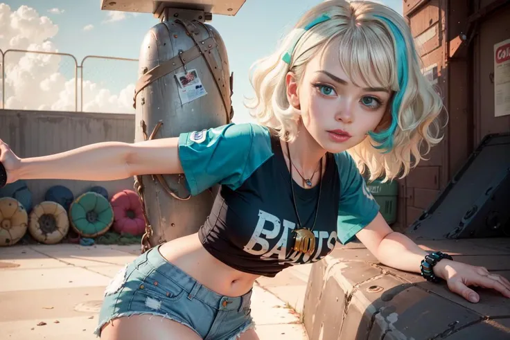 (jackie lynn thomas:1), star vs. the forces of evil, (casual outfit:1), (blonde short hair), (blue-green highlight in hair), shell necklace, (baseball t-shirt white tanktop green sleeves:1), (white striped knee socks:1), (blue jean shorts), (bobed hair), (blue-green eyes), ((green eyes)), cartoony facial features, large round eyes, blonde hair, (shorts:1.2), (realistic:1.2), (masterpiece:1.2), (full-body-shot:1),(Cowboy-shot:1.2), light particles, skate park background, neon lighting, dark romantic lighting, (highly detailed:1.2),(detailed face:1.2), (gradients), colorful, detailed eyes, (detailed landscape:1.2), (natural lighting:1.2),(detailed background),detailed landscape, (dynamic pose:1.2), wide shot, solo, <lora:JackieLynnThomas_v2:0.7> <lora:add_detail:0.3> <lora:hipoly3DModelLora_v10:0.05> <lora:RSERomantic_RSESofiko_RSEEmma-v1:0.1>