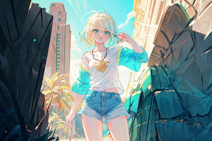 (jackie lynn thomas:1), star vs. the forces of evil, (casual outfit:1), (blonde short hair), (blue-green highlight in hair), shell necklace, (baseball t-shirt white tanktop green sleeves:1), (white striped knee socks:1), (blue jean shorts), (bobed hair), (blue-green eyes), ((green eyes)), cartoony facial features, large round eyes, blonde hair, (shorts:1.2), (realistic:1.2), (masterpiece:1.2), (full-body-shot:1),(Cowboy-shot:1.2), light particles, skate park background, neon lighting, dark romantic lighting, (highly detailed:1.2),(detailed face:1.2), (gradients), colorful, detailed eyes, (detailed landscape:1.2), (natural lighting:1.2),(detailed background),detailed landscape, (dynamic pose:1.2), wide shot, solo, <lora:JackieLynnThomas_v2:0.7> <lora:add_detail:0.3> <lora:hipoly3DModelLora_v10:0.05> <lora:RSERomantic_RSESofiko_RSEEmma-v1:0.1>