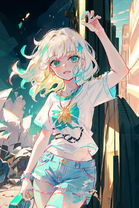 (jackie lynn thomas:1), star vs. the forces of evil, (casual outfit:1), (blonde short hair), (blue-green highlight in hair), shell necklace, (baseball t-shirt white tanktop green sleeves:1), (white striped knee socks:1), (blue jean shorts), (bobed hair), (blue-green eyes), ((green eyes)), cartoony facial features, large round eyes, blonde hair, (shorts:1.2), (realistic:1.2), (masterpiece:1.2), (full-body-shot:1),(Cowboy-shot:1.2), light particles, skate park background, neon lighting, dark romantic lighting, (highly detailed:1.2),(detailed face:1.2), (gradients), colorful, detailed eyes, (detailed landscape:1.2), (natural lighting:1.2),(detailed background),detailed landscape, (dynamic pose:1.2), wide shot, solo, <lora:JackieLynnThomas_v2:0.7> <lora:add_detail:0.3> <lora:hipoly3DModelLora_v10:0.05> <lora:RSERomantic_RSESofiko_RSEEmma-v1:0.1>