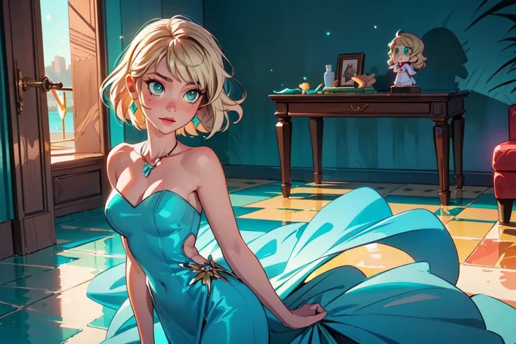 (jackie lynn thomas:1), (dress:1.5), (date dress:1), (date outfit:1), (blonde short hair), (blue-green highlight in hair), shell necklace, (rose in hair:1), (teal floor length dress:1.5), (sea theme dress:0.9), (strapless dress), (shoulder length hair), (blue-green eyes), ((green eyes)), cartoony facial features, large round eyes, blonde hair, (realistic:1.2), (masterpiece:1.2), (full-body-shot:1),(Cowboy-shot:1.2), light particles, (beach background), neon lighting, dark romantic lighting, (highly detailed:1.2),(detailed face:1.2), (gradients), colorful, detailed eyes, (detailed landscape:1.2), (natural lighting:1.2),(detailed background),detailed landscape, (dynamic pose:1.2), wide shot, solo, <lora:JackieLynnThomas_v2:0.4> <lora:add_detail:0.3> <lora:hipoly3DModelLora_v10:0.05> <lora:RSERomantic_RSESofiko_RSEEmma-v1:0.1>