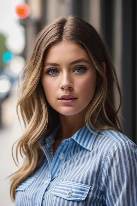 <lora:d0utz3nkr03s:0.9>, a Realistic photo of d0utz3nkr03s woman, 1girl, long hair, breasts, looking at viewer, blue eyes, blonde hair, simple background, brown hair, shirt, upper body, parted lips, teeth, striped, lips, blue shirt, realistic, unbuttoned, partially unbuttoned, soft lighting, professional Photography, Photorealistic, detailed eyes, RAW, analog, sharp focus, 8k, HD, DSLR, high quality, Fujifilm XT3, film grain, award winning, masterpiece