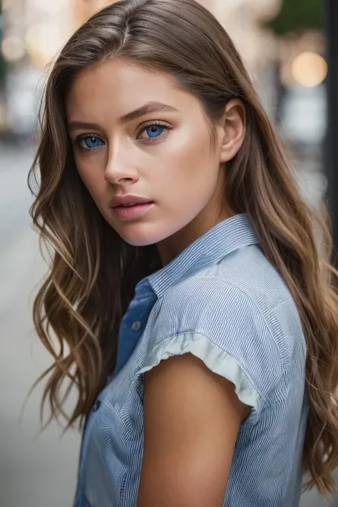 <lora:d0utz3nkr03s:0.9>, a Realistic photo of d0utz3nkr03s woman, 1girl, long hair, breasts, looking at viewer, blue eyes, blonde hair, simple background, brown hair, shirt, upper body, parted lips, teeth, striped, lips, blue shirt, realistic, unbuttoned, partially unbuttoned, soft lighting, professional Photography, Photorealistic, detailed eyes, RAW, analog, sharp focus, 8k, HD, DSLR, high quality, Fujifilm XT3, film grain, award winning, masterpiece