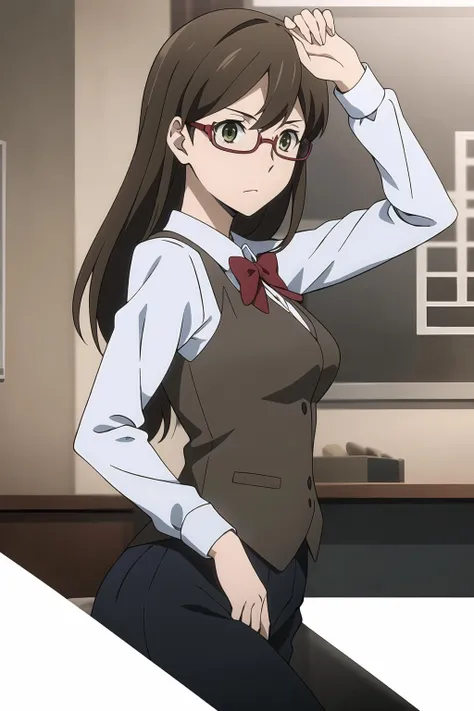 masterpiece, key visual, 1girl, kirako_haruno, glasses, olive green eyes, long hair, medium breasts, office uniform, vest, Dancing like a robot