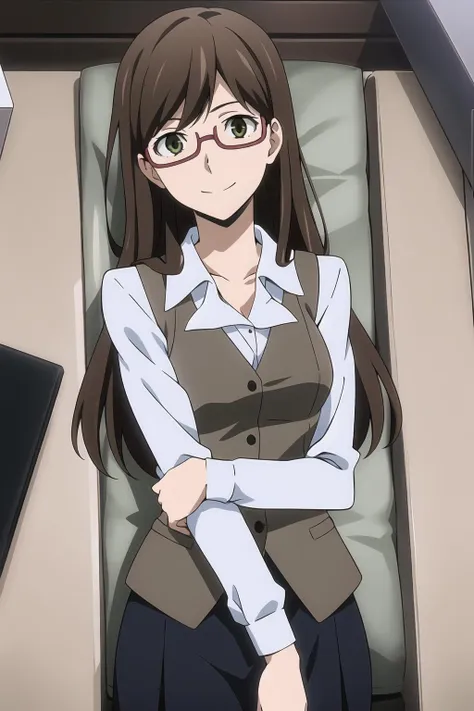 masterpiece, key visual, 1girl, kirako_haruno, glasses, olive green eyes, long hair, medium breasts, office uniform, vest, smile, Lying on the back, arms crossed over chest