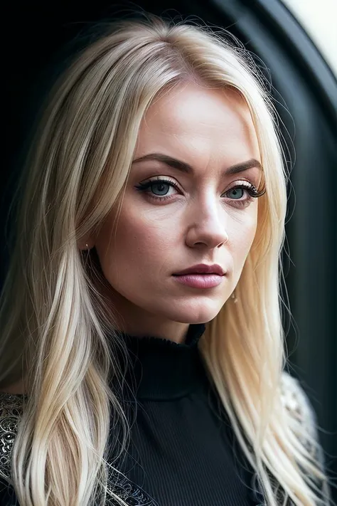beautiful woman (Mich43l4L1ntrup:.99),( beautiful blonde hair:1.2), ((portrait)), (closeup:1.2), ((from the waist up)), ((( crest ))), natural skin texture, ((dark black eyeliner:1.2)), (( Gown with a Cutout Back :1.2)), 24mm, 4k textures, soft cinematic light, adobe lightroom, photolab, hdr, intricate, elegant, highly detailed, sharp focus, ((((cinematic look)))), soothing tones, insane details, intricate details, hyperdetailed, low contrast, soft cinematic light, exposure blend, hdr, faded, now, ("I've got a bad feeling about this.":1.1)
