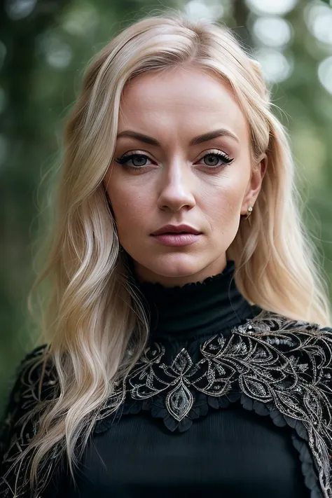beautiful woman (Mich43l4L1ntrup:.99),( beautiful blonde hair:1.2), ((portrait)), (closeup:1.2), ((from the waist up)), ((( path ))), natural skin texture, ((dark black eyeliner:1.2)), (( Gown with a Beaded Capelet :1.2)), 24mm, 4k textures, soft cinematic light, adobe lightroom, photolab, hdr, intricate, elegant, highly detailed, sharp focus, ((((cinematic look)))), soothing tones, insane details, intricate details, hyperdetailed, low contrast, soft cinematic light, exposure blend, hdr, faded, now, ("I've got a bad feeling about this.":1.1)
