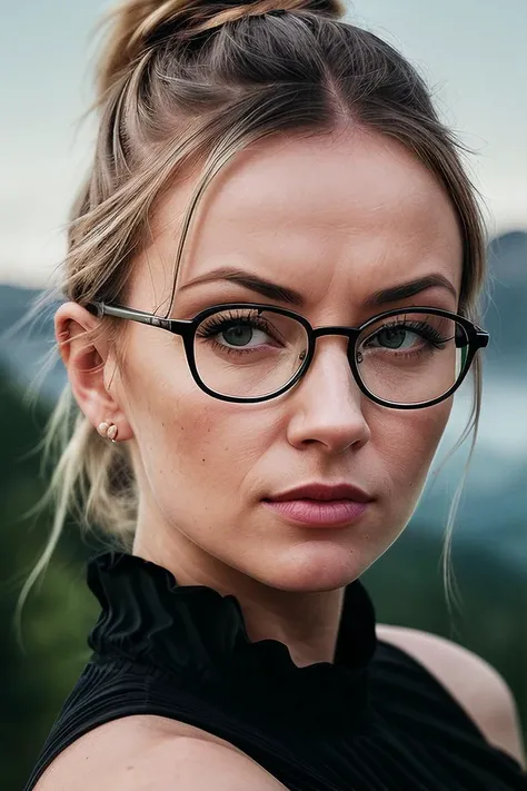 beautiful woman (Mich43l4L1ntrup:.99),(  multicoloured  Twisted low ponytail  :1.2), ((portrait)), (closeup:1.2), (wearing glasses), ((from the waist up)), (((  landscape with Quadrilateral[::4] ))), natural skin texture, ((dark black eyeliner:1.2)),  ((  Dress with a Basque Bodice :1.2)), 24mm, 4k textures, soft cinematic light, adobe lightroom, photolab, hdr, intricate, elegant, highly detailed, sharp focus, ((((cinematic look)))), soothing tones, insane details, intricate details, hyperdetailed, low contrast, soft cinematic light, exposure blend, hdr, faded, now, ("I've got a bad feeling about this.":1.1)
