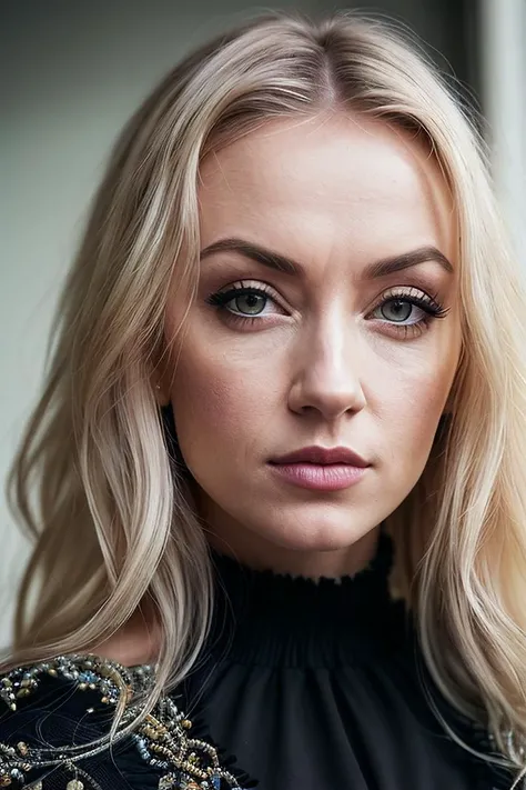 beautiful woman (Mich43l4L1ntrup:.99),( beautiful blonde hair:1.2), ((portrait)), (closeup:1.2), ((from the waist up)), ((( fantasy city ))), natural skin texture, ((dark black eyeliner:1.2)), (( Gown with a Beaded Trim Skirt :1.2)), 24mm, 4k textures, soft cinematic light, adobe lightroom, photolab, hdr, intricate, elegant, highly detailed, sharp focus, ((((cinematic look)))), soothing tones, insane details, intricate details, hyperdetailed, low contrast, soft cinematic light, exposure blend, hdr, faded, now, ("I've got a bad feeling about this.":1.1)