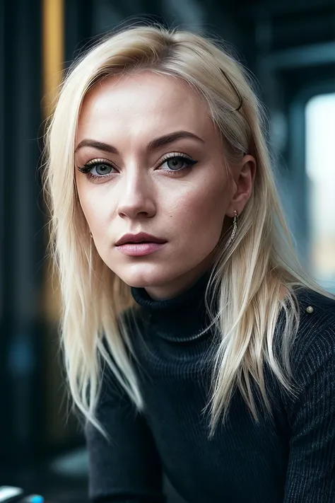 beautiful woman (Mich43l4L1ntrup:.99),( beautiful blonde hair:1.2), ((portrait)), (closeup:1.2), ((from the waist up)), (((  cyberpunk city[::1] ))), natural skin texture, ((dark black eyeliner:1.2)),  ((  Turtleneck Dress :1.2)), 24mm, 4k textures, soft cinematic light, adobe lightroom, photolab, hdr, intricate, elegant, highly detailed, sharp focus, ((((cinematic look)))), soothing tones, insane details, intricate details, hyperdetailed, low contrast, soft cinematic light, exposure blend, hdr, faded, now, ("I've got a bad feeling about this.":1.1)