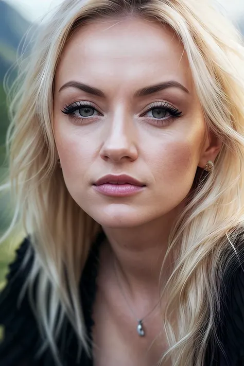 beautiful woman (Mich43l4L1ntrup:.99),( beautiful blonde hair:1.2), ((portrait)), (closeup:1.2), ((from the waist up)), (((  mountain[::1] ))), natural skin texture, ((dark black eyeliner:1.2)),  ((  Silk Charmeuse Dress :1.2)), 24mm, 4k textures, soft cinematic light, adobe lightroom, photolab, hdr, intricate, elegant, highly detailed, sharp focus, ((((cinematic look)))), soothing tones, insane details, intricate details, hyperdetailed, low contrast, soft cinematic light, exposure blend, hdr, faded, now, ("I've got a bad feeling about this.":1.1)