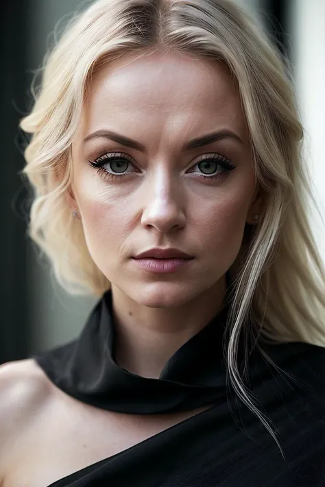 beautiful woman (Mich43l4L1ntrup:.99),( beautiful blonde hair:1.2), ((portrait)), (closeup:1.2), ((from the waist up)), (((  fantasy city ))), natural skin texture, ((dark black eyeliner:1.2)),  ((  Dress with a Draped Skirt :1.2)), 24mm, 4k textures, soft cinematic light, adobe lightroom, photolab, hdr, intricate, elegant, highly detailed, sharp focus, ((((cinematic look)))), soothing tones, insane details, intricate details, hyperdetailed, low contrast, soft cinematic light, exposure blend, hdr, faded, now, ("I've got a bad feeling about this.":1.1)