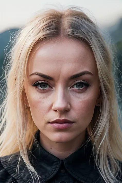 beautiful woman (Mich43l4L1ntrup:.99),( beautiful blonde hair:1.2), ((portrait)), (closeup:1.2), ((from the waist up)), (((  landscape with Hard Texture[::1] ))), natural skin texture, ((dark black eyeliner:1.2)),  ((  Dress with a Notched Collar :1.2)), 24mm, 4k textures, soft cinematic light, adobe lightroom, photolab, hdr, intricate, elegant, highly detailed, sharp focus, ((((cinematic look)))), soothing tones, insane details, intricate details, hyperdetailed, low contrast, soft cinematic light, exposure blend, hdr, faded, now, ("I've got a bad feeling about this.":1.1)