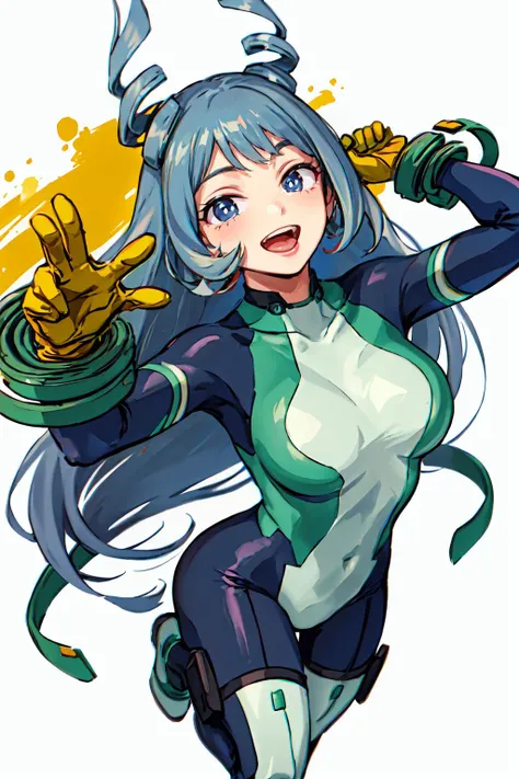 <lora:Marugoshi-Style-v1_137976:0.8> <lora:hadou_nejire:0.9> aanejire, hair horns, drill hair, long hair, large breasts, superhero, bodysuit, blue bodysuit, skin tight, gloves, yellow gloves, covered navel, thigh strap, boots, smile, open mouth,, ultra detailed, masterpiece, best quality, aesthetic, detailed,