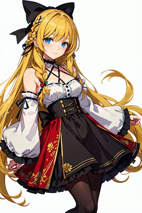 <lora:Marugoshi-Style-v1_137976:0.8>, ultra detailed, masterpiece, best quality, aesthetic, detailed,, solo, soft smile, light smile,
1girl, blue eyes, very long hair, blonde hair, long blonde hair, french braid, bangs, medium breasts,, hair ribbon, frilled choker, criss-cross halter, sleeveless dress, high-waist skirt, backless dress, waist bow, detached sleeves, frilled sleeves, wide sleeves, pantyhose, patterned legwear, mary janes,