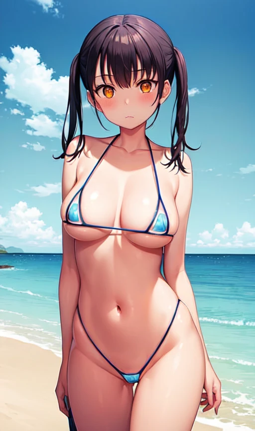 masterpiece, best quality, ultra-detailed, illustration, 1girl, (cowboy shot:1.4), (looking at viewer:1.4), (micro bikini:1.4), beautiful detailed eyes, beautiful detailed glow, lots of glow, seascape, beach, sand, (tamaki kotatsu), <lora:Tamaki:1>, orange eyes,