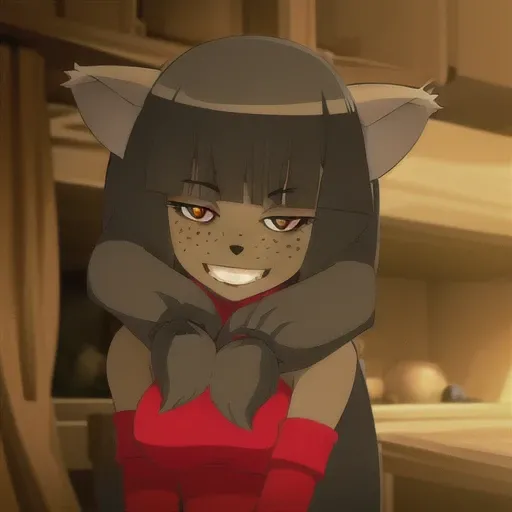 <lora:MirandaW:1>, 1girl, dark skin, smile, cat ears, bangs, long hair, freckles