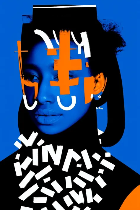 Folks, Colorful 1girl, solo, simple background, black hair, english text, blue background, abstract <lora:Folks-07:1>
