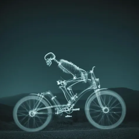 cinematic film still of <lora:x-ray style:1> X-ray of
a skeleton riding a bike with a skeleton on the back
,x-ray style, shallow depth of field, vignette, highly detailed, high budget, bokeh, cinemascope, moody, epic, gorgeous, film grain, grainy