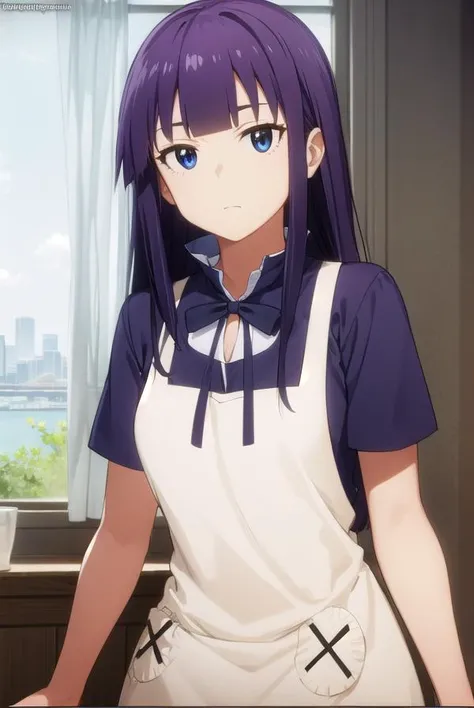 aoiyamada, <lora:aoi yamada s2-lora-nochekaiser:1>,
aoi yamada, long hair, (purple eyes:1.1), purple hair, blunt bangs,
BREAK apron, waitress,
BREAK indoors, restaurant,
BREAK looking at viewer, (cowboy shot:1.5),
BREAK <lyco:GoodHands-beta2:1>, (masterpiece:1.2), best quality, high resolution, unity 8k wallpaper, (illustration:0.8), (beautiful detailed eyes:1.6), extremely detailed face, perfect lighting, extremely detailed CG, (perfect hands, perfect anatomy),