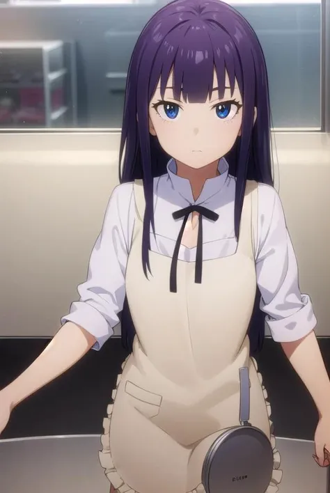 aoiyamada, <lora:aoi yamada s2-lora-nochekaiser:1>,
aoi yamada, long hair, (purple eyes:1.1), purple hair, blunt bangs,
BREAK apron, waitress,
BREAK indoors, restaurant,
BREAK looking at viewer, (cowboy shot:1.5),
BREAK <lyco:GoodHands-beta2:1>, (masterpiece:1.2), best quality, high resolution, unity 8k wallpaper, (illustration:0.8), (beautiful detailed eyes:1.6), extremely detailed face, perfect lighting, extremely detailed CG, (perfect hands, perfect anatomy),