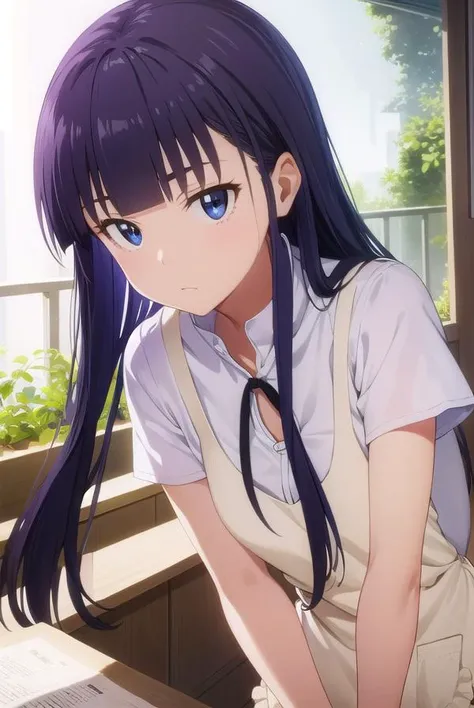 aoiyamada, <lora:aoi yamada s2-lora-nochekaiser:1>,
aoi yamada, long hair, (purple eyes:1.1), purple hair, blunt bangs,
BREAK apron, waitress,
BREAK indoors, restaurant,
BREAK looking at viewer, (cowboy shot:1.5),
BREAK <lyco:GoodHands-beta2:1>, (masterpiece:1.2), best quality, high resolution, unity 8k wallpaper, (illustration:0.8), (beautiful detailed eyes:1.6), extremely detailed face, perfect lighting, extremely detailed CG, (perfect hands, perfect anatomy),