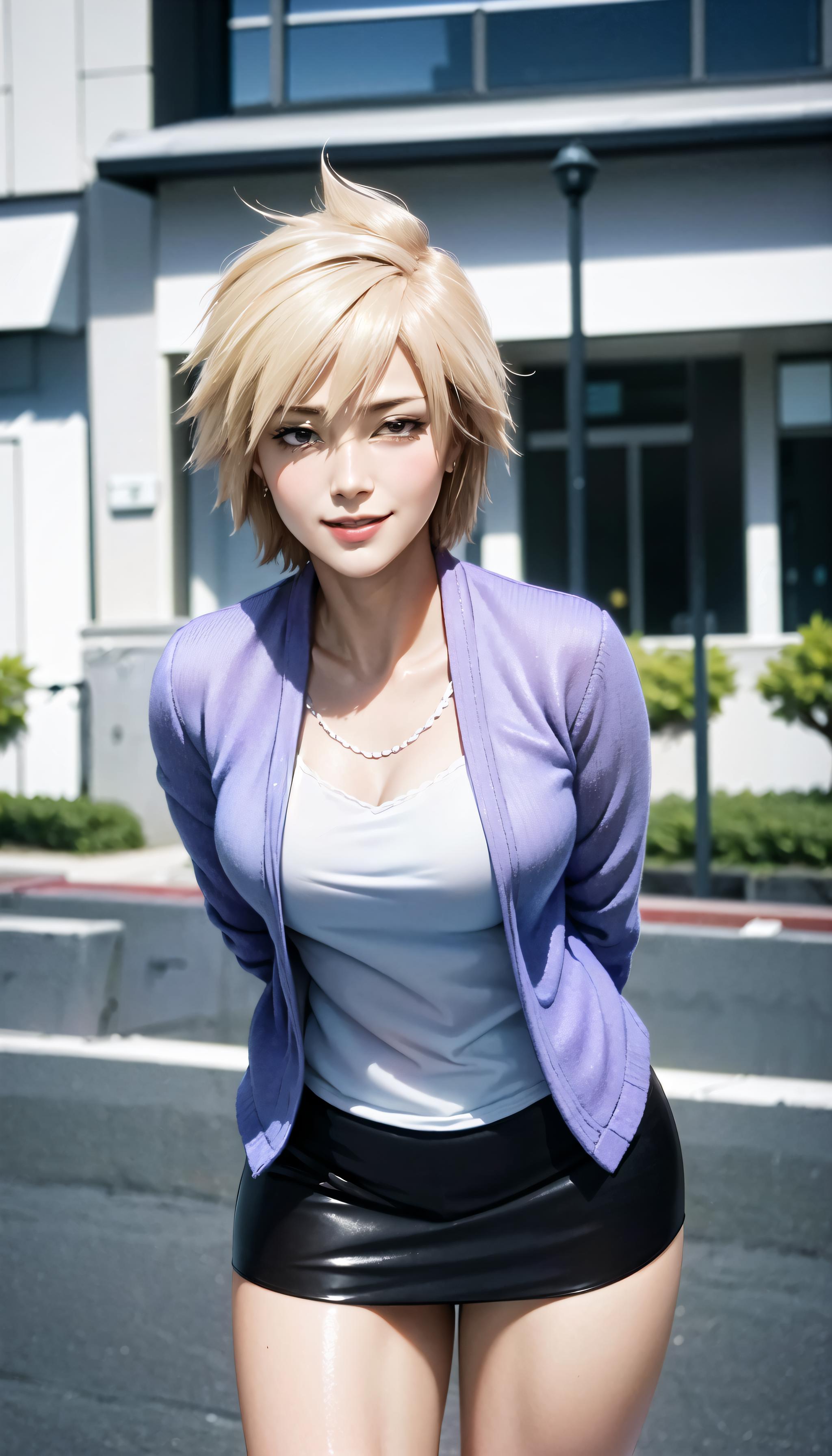 A close up of a woman in a short skirt and jacket - SeaArt AI