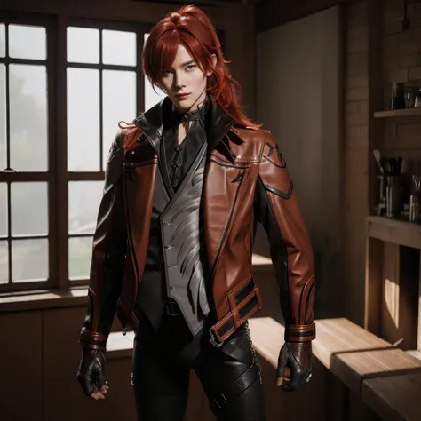 1boy, bangs, long hair, bright red hair, high ponytail, hair between eyes, soft smile, leather gloves, leather jacket, sidelocks, leather vest, leather shirt, leather collar, leather belt, leather pants, official alternate costume, <lora:OnlyCocks_v1.0:0.5>, penis, erection, depth of field, gorgeous background, formal, indoors, looking at viewer, male focus, solo, masterpiece, best quality, high quality, detailed hair, detailed face, detailed skin, realistic <lora:GIDiluc·RagnvindrAC_v1.0:1>