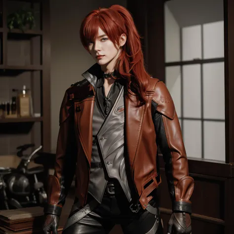 1boy, bangs, long hair, bright red hair, high ponytail, hair between eyes, soft smile, leather gloves, leather jacket, sidelocks, leather vest, leather shirt, leather collar, leather belt, leather pants, official alternate costume, <lora:OnlyCocks_v1.0:0.5>, penis, erection, depth of field, gorgeous background, formal, indoors, looking at viewer, male focus, solo, masterpiece, best quality, high quality, detailed hair, detailed face, detailed skin, realistic <lora:GIDiluc·RagnvindrAC_v1.0:1>