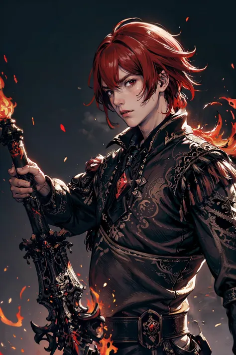 best quality, high detailed, masterpiece, 1boy, red hair, upper body, serious face, red_eyes, diluc (genshin impact), holding, greatsword, fire un background, ember particles, beautiful hands, <lora:diluc:0.7>